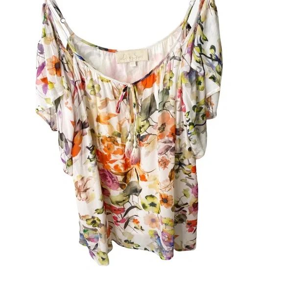 Anthropologie Love Sam Floral Cold Shoulder Flutter Sleeve Blouse Medium - Picture 10 of 12